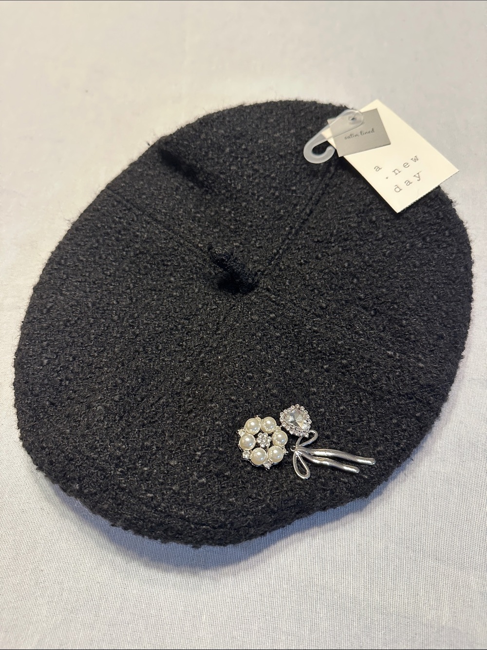 a new day Black Beret with Pearl & Crystal Flower Accents